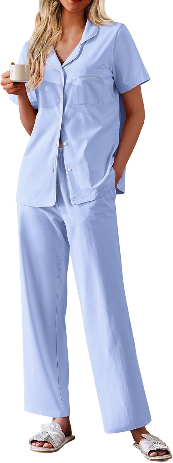 Women Cotton Pajamas Set Short Sleeve Button Down Pjs 2 Piece Soft Sleepwear with Long Pants Lounge Set