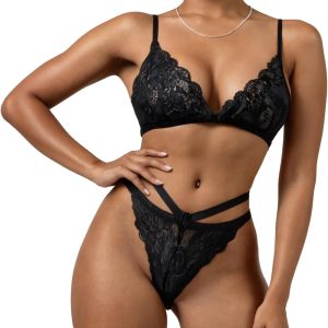 Sexy Lingerie Set for Women Naughty Outfits, Lace Sheer Bra and Panty Valentines Lingerie , Black Onesize 2-8