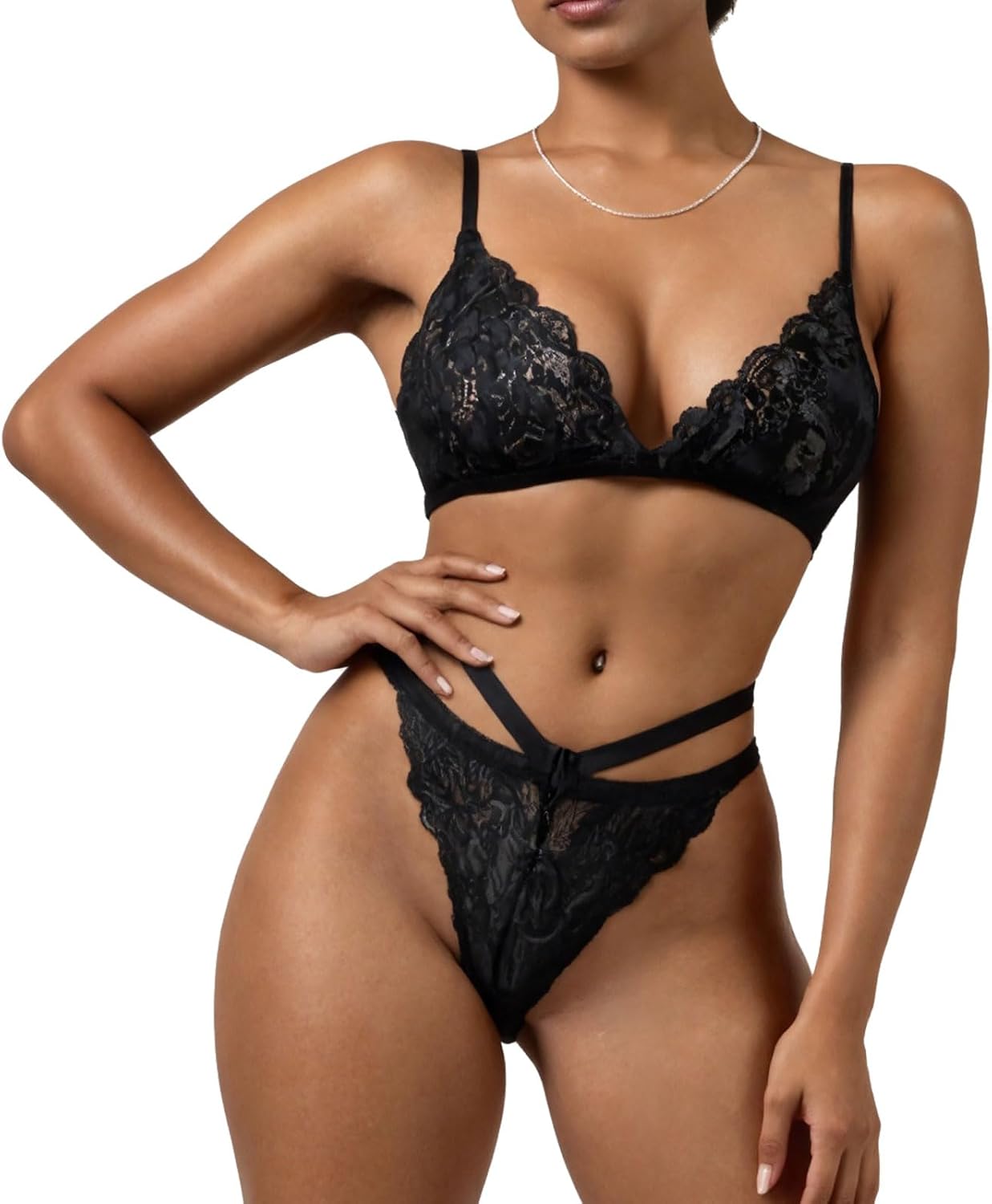 Sexy Lingerie Set for Women Naughty Outfits, Lace Sheer Bra and Panty Valentines Lingerie , Black Onesize 2-8