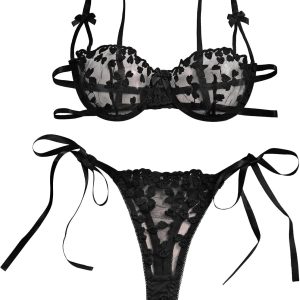 Sexy Tie Side Cute Underwire Push Up Strappy Embroidered Mesh Sheer Lingerie Set