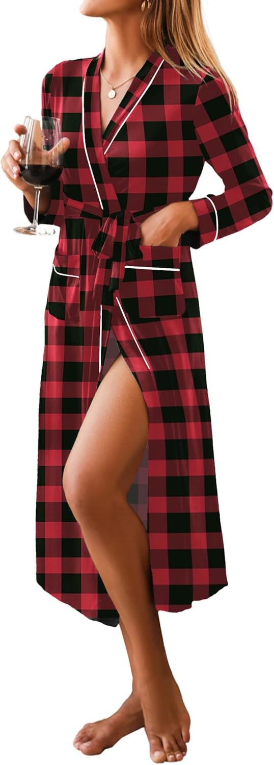 Women Kimono Robes Full Length Knit Bathrobe Lightweight Soft Sleepwear V-neck Casual Ladies Loungewear S-XXL