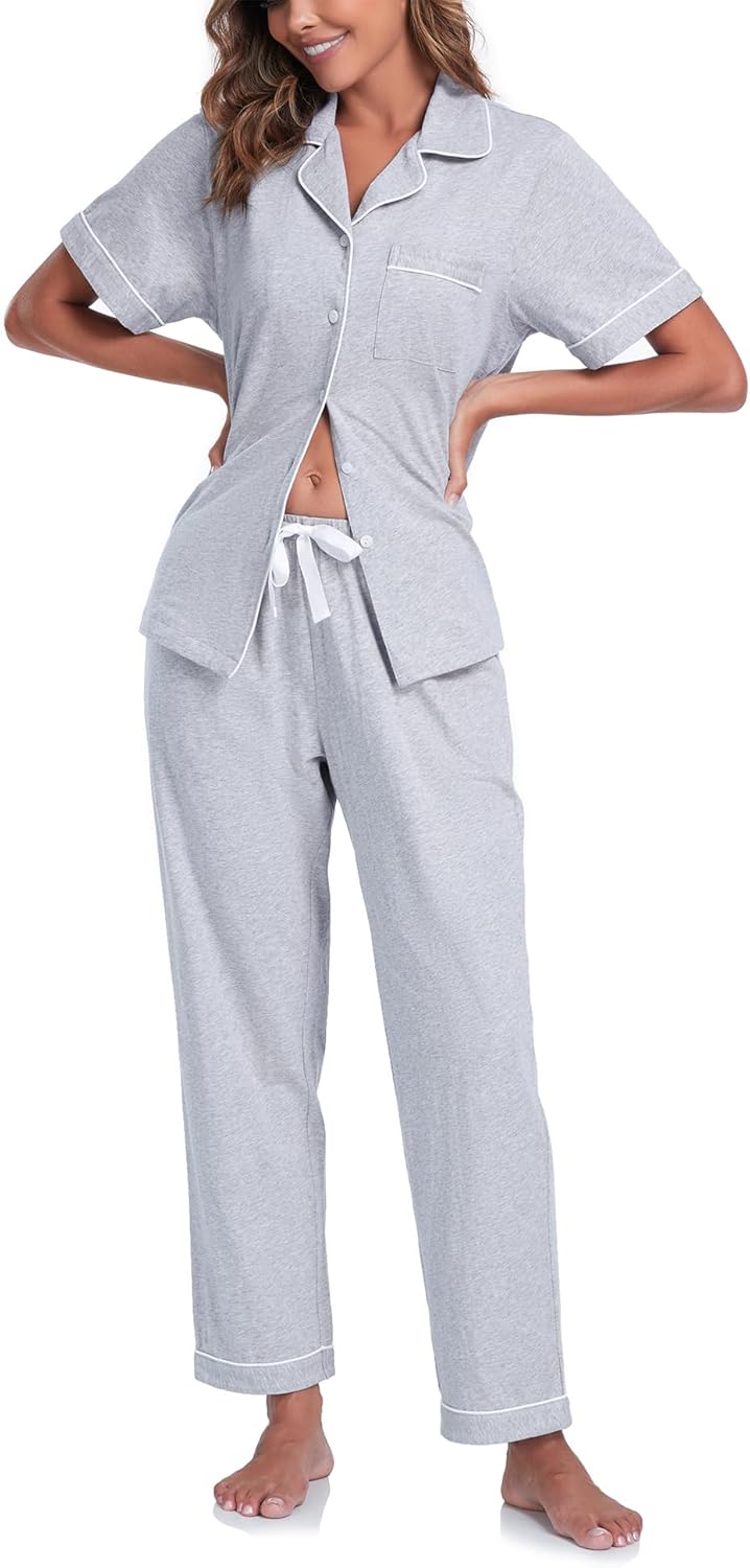 Women 100% Cotton Pajama Set Button Down Sleepwear Short Sleeve Shirt and Long Pants Soft ladies Lounge Sets