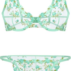 Sexy Floral Embroidered Mesh Sheer Underwire Lingerie Set