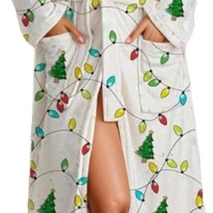 Women Fleece Floral Fruit Print Bathrobe Valentine Robe Soft Flannel Lounge Robe Cute Lightweight Gown with Belt