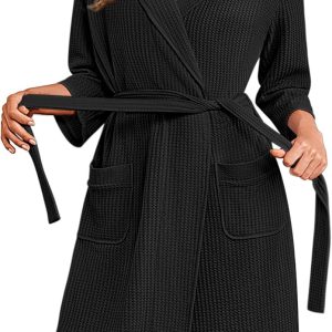 Robes for Women Waffle Knit Bathrobe Lightweight Kimono Robe Knee Length Loungewear with Pockets