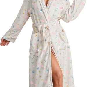 Women Fleece Floral Fruit Print Bathrobe Valentine Robe Soft Flannel Lounge Robe Cute Lightweight Gown with Belt