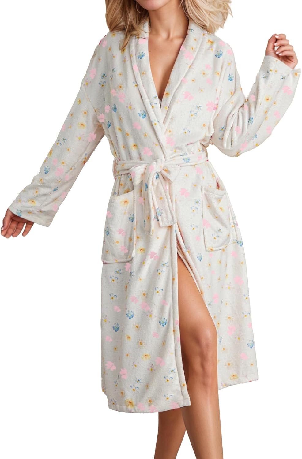Women Fleece Floral Fruit Print Bathrobe Valentine Robe Soft Flannel Lounge Robe Cute Lightweight Gown with Belt