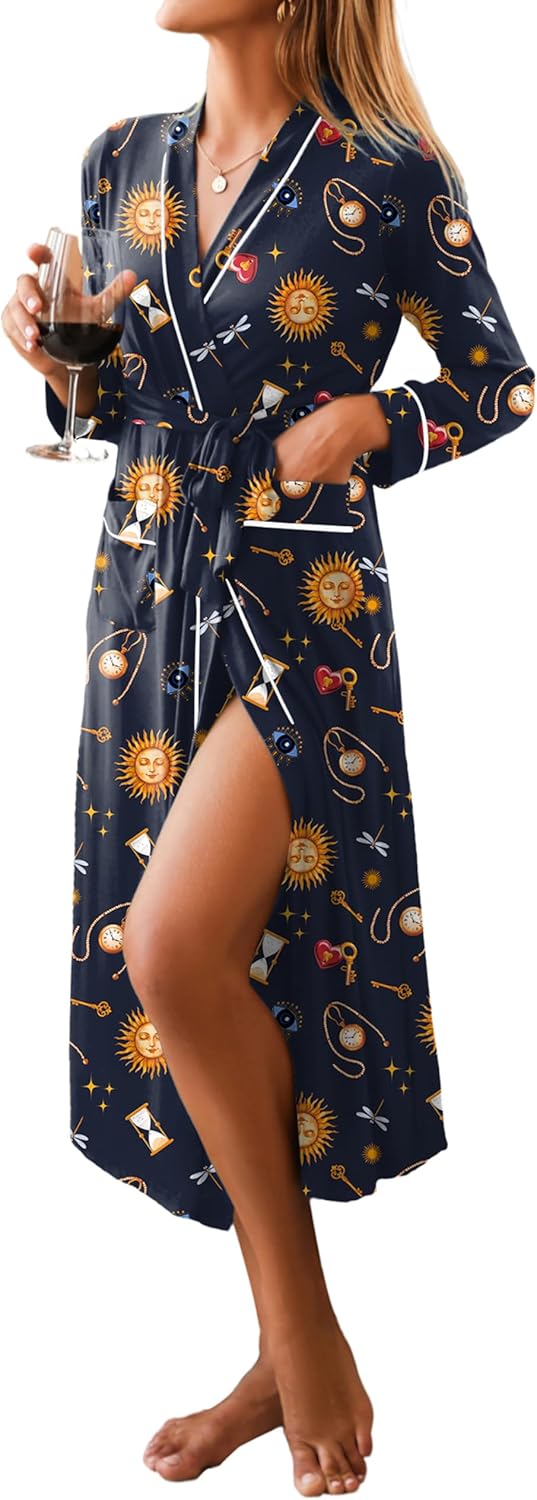 Women Kimono Robes Full Length Knit Bathrobe Lightweight Soft Sleepwear V-neck Casual Ladies Loungewear S-XXL