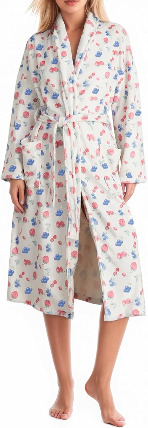 Women Fleece Floral Fruit Print Bathrobe Valentine Robe Soft Flannel Lounge Robe Cute Lightweight Gown with Belt