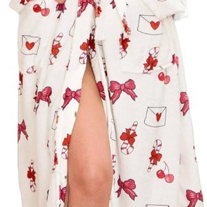 Women Fleece Floral Fruit Print Bathrobe Valentine Robe Soft Flannel Lounge Robe Cute Lightweight Gown with Belt
