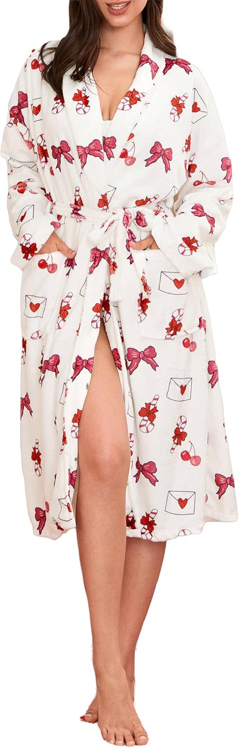 Women Fleece Floral Fruit Print Bathrobe Valentine Robe Soft Flannel Lounge Robe Cute Lightweight Gown with Belt
