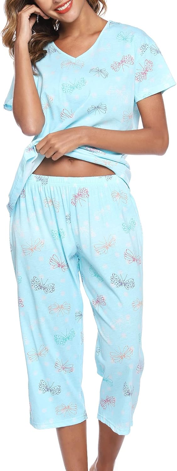 Women Pajama Sets Cotton Pj Set Short Sleeve Top With Pants Sleepwear 2 Piece Lounge Set - Image 2