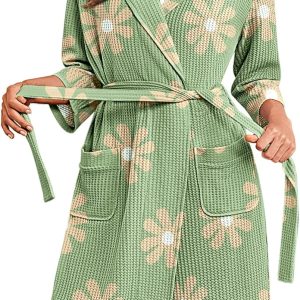 Robes for Women Waffle Knit Bathrobe Lightweight Kimono Robe Knee Length Loungewear with Pockets