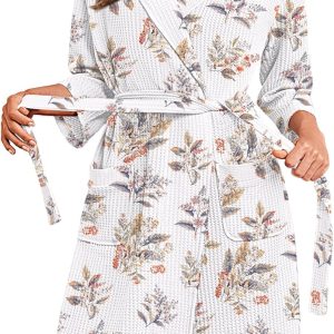 Robes for Women Waffle Knit Bathrobe Lightweight Kimono Robe Knee Length Loungewear with Pockets