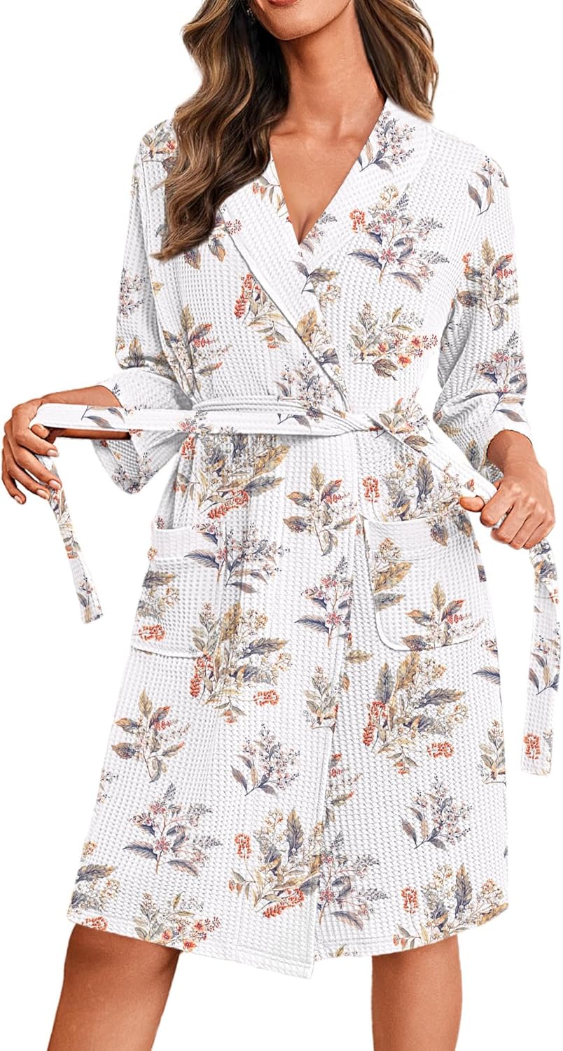 Robes for Women Waffle Knit Bathrobe Lightweight Kimono Robe Knee Length Loungewear with Pockets