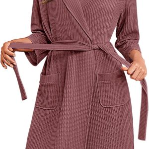 Robes for Women Waffle Knit Bathrobe Lightweight Kimono Robe Knee Length Loungewear with Pockets