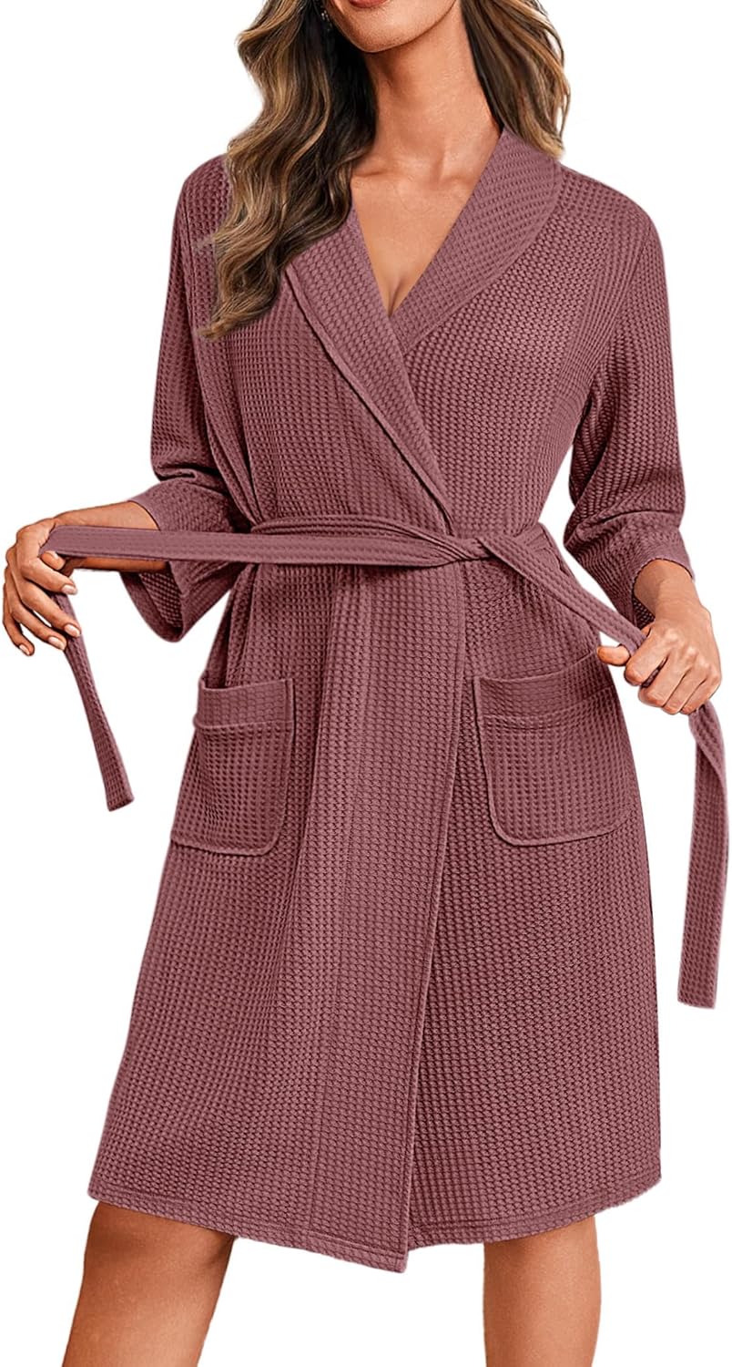 Robes for Women Waffle Knit Bathrobe Lightweight Kimono Robe Knee Length Loungewear with Pockets